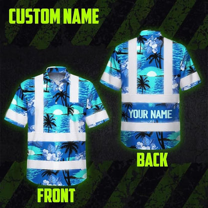 High Visibility Hawaiian Shirt for Men Tropical Shirts Custom Name Floral Outfit Reflective Safety Workwear