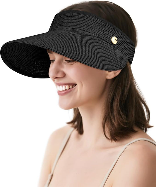 Sun Visor Hat for Women,Wide Brim Beach Hat UV Protection, Packable Straw Sun Visor Hat for Vacation,Summer