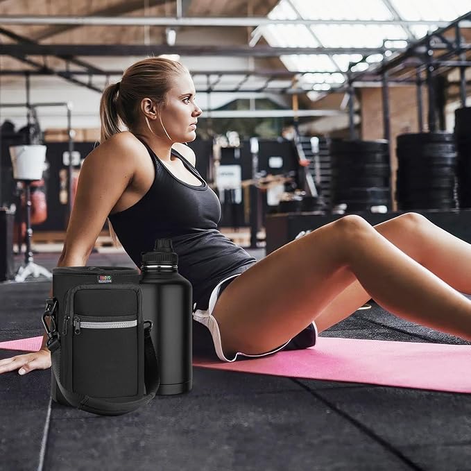 Nuovoware Water Bottle Carrier Bag,25oz/40oz/64oz Bottle Pouch Holder,Adjustable Shoulder Hand Strap 2 Pocket Sling Neoprene Sleeve Sports Accessories for Hiking Travelling Camping