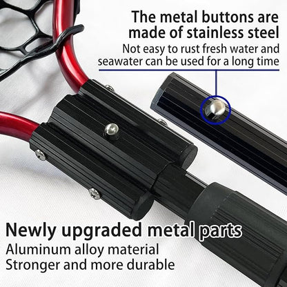 Telescoping Metal Lock Fishing Net with Handle Red Green 64" 52" 3-Section Rubber Fish Net - Adjustable Length Lightweight Foldable Large Big Collapsible Extendable Fishing Net