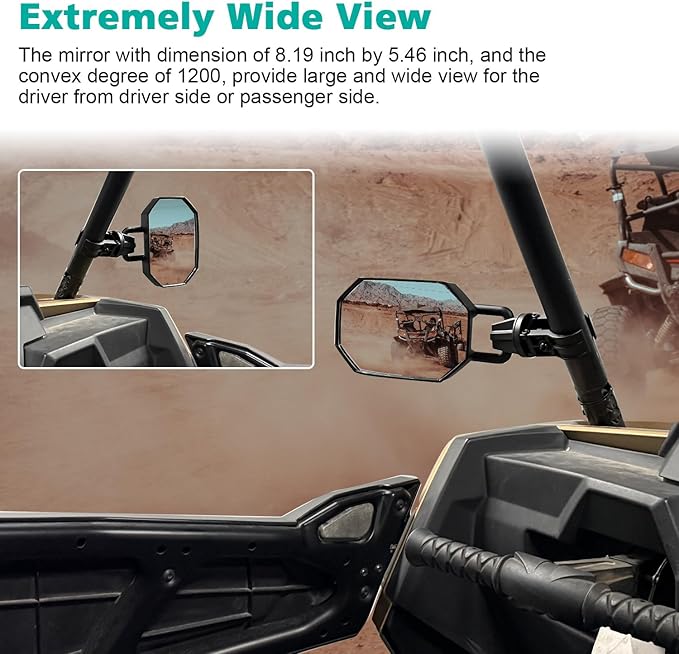 SUNPIE Side Mirrors for UTV SXS, Wider View Mirror with Horizontal and Vertical View Fits 1.5"-2"Roll Bars Compatible with Polaris RZR,Can Am X3, Honda Pioneer, Kawasaki Mule, Cfmoto Zforce