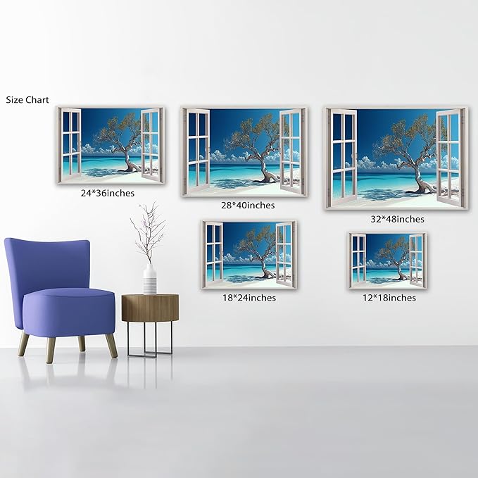 ANRUOXI Beach Picture Wall Art for Living Room, Blue Ocean Painting Decor for Bedroom, White Window Frame Style Palm Trees Canvas Wall Decor, Coastal Landscape Artwork for Offices Bedroom 18x24 Inch