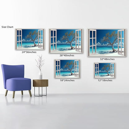ANRUOXI Beach Picture Wall Art for Living Room, Blue Ocean Painting Decor for Bedroom, White Window Frame Style Palm Trees Canvas Wall Decor, Coastal Landscape Artwork for Offices Bedroom 18x24 Inch