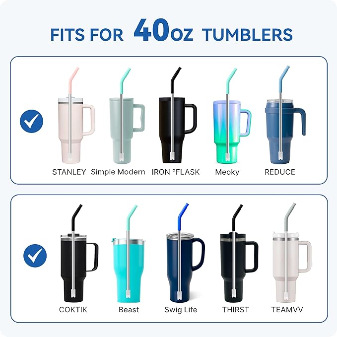 Reusable Metal Straws with Silicone Tip for Stanley 40oz,Stainless Steel Drinking Straws for 40oz Tumbler,3 Straight Tubes & 6 Tips& 1 Cleanr Brush(Vivid Violet)