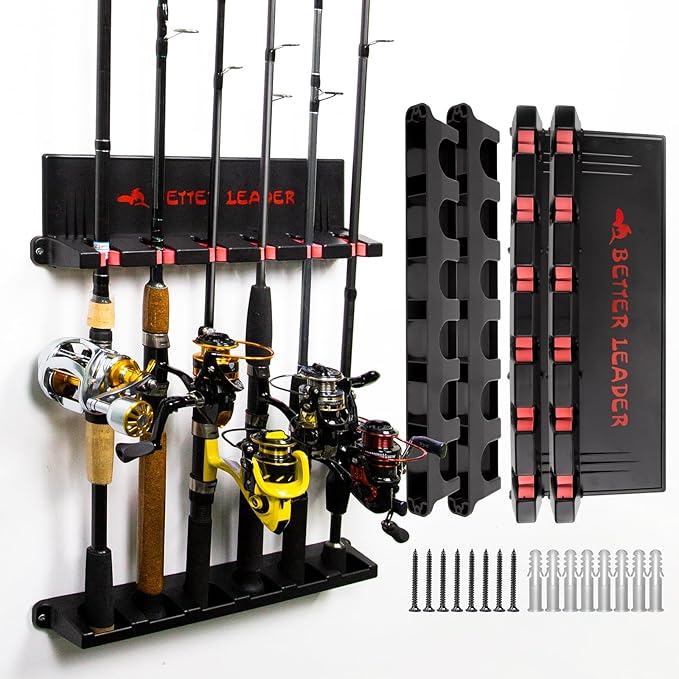 2 Pack Vertical Fishing Rod Holder for Garage, BETTER LEADER Fishing Pole Holders- Holds Up to 12 Rods or Combos, Wall Mount Fishing Pole Rack, Fits Most Rods of Diameter 3-19mm, Fishing Gifts for Men