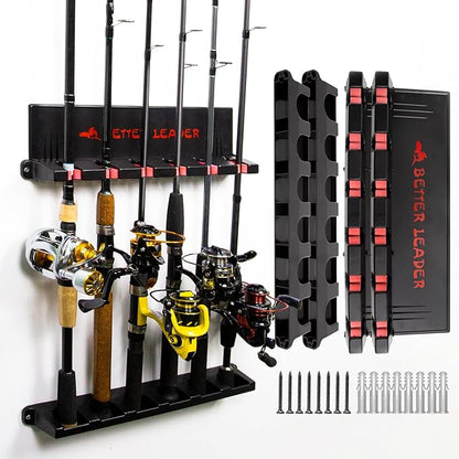 2 Pack Vertical Fishing Rod Holder for Garage, BETTER LEADER Fishing Pole Holders- Holds Up to 12 Rods or Combos, Wall Mount Fishing Pole Rack, Fits Most Rods of Diameter 3-19mm, Fishing Gifts for Men