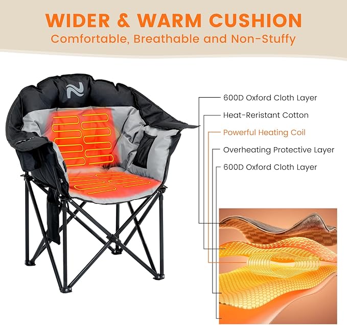 NAIZEA Heated Camping Chairs, Outdoor Heated Camp Chair w/3 Heating Mode, Oversized Heated Chair for Adults, Heavy Duty Folding Camping Chairs for Camping,Fishing,Sports Events,NOT Included Battery