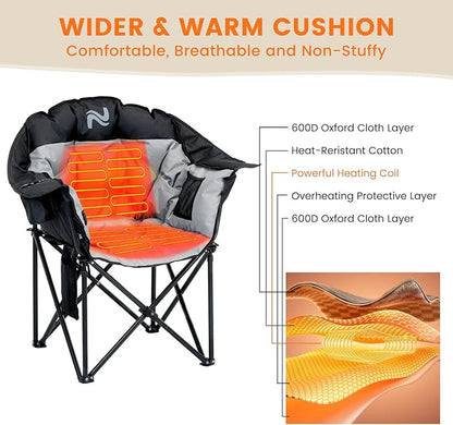 NAIZEA Heated Camping Chairs, Outdoor Heated Camp Chair w/3 Heating Mode, Oversized Heated Chair for Adults, Heavy Duty Folding Camping Chairs for Camping,Fishing,Sports Events,NOT Included Battery
