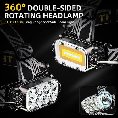 Headlamp Rechargeable, 8 LED Head Lamp, 360° Double Sided Rotating Head Flashlight, Super Bright Waterproof Head Light for Camping, Running, Hiking, Hunting, Fishing, Reading, Working