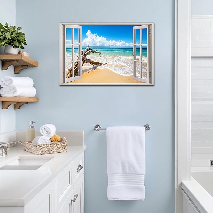 ANRUOXI Beach Pictures Wall Art Decor for Living Room, Blue Ocean Painting Decor for Bedroom, White Window Frame Style Broken Tree Canvas Wall Decor, Coastal Landscape Artwork for Office 28x40 Inch