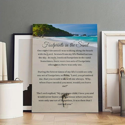 Footprints in the Sand Religious Canvas Wall Art Posters, Inspirational Beach Sunset Poem Print Poster (Framed 12x18inch, Footprints(4))
