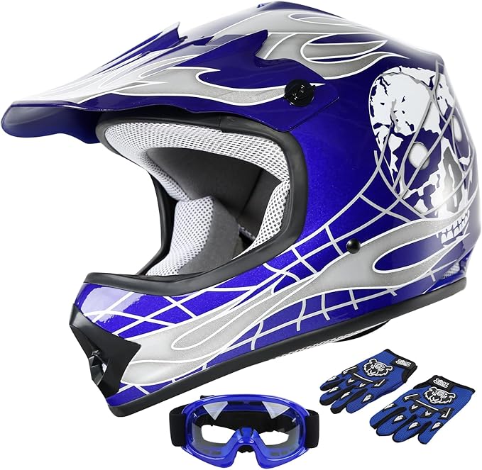 SLMOTO Dot Youth Kids Helmet Motocross Offroad Street Helmet Motorcycle Helmet Dirt Bike Motocross ATV Blue Skull Design HelmetGogglesGloves Small, Blue 2