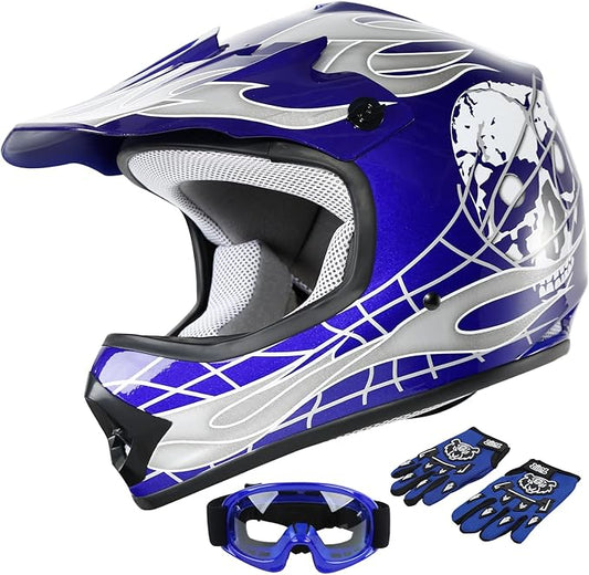 SLMOTO Dot Youth Kids Helmet Motocross Offroad Street Helmet Motorcycle Helmet Dirt Bike Motocross ATV Blue Skull Design HelmetGogglesGloves Small, Blue 2