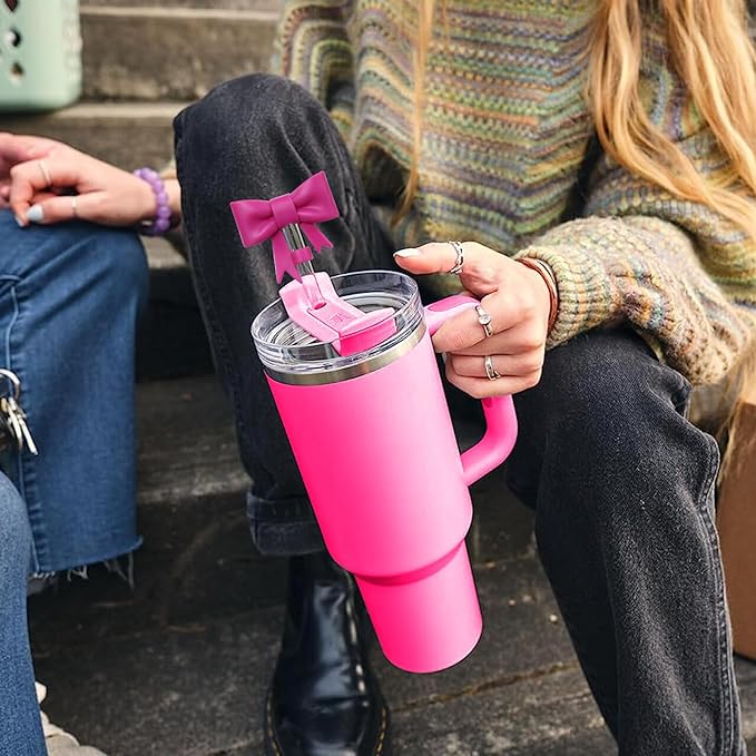 4Pcs Silicone Straw Toppers Covers for Stanley Cups 40/30oz 10mm(0.4in) Dust-Proof Bow Straw Covers Toppers Suitbale for Stanley Cup Accessories Reusable Straws Caps (Purple Rose Red)