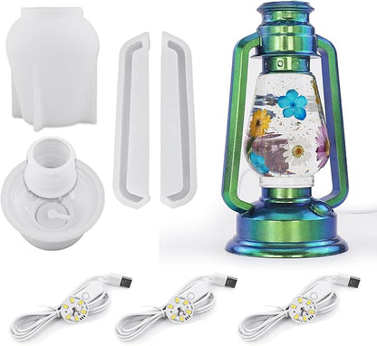 Actvty Oil Lamp Resin Molds Set, Hurricane Lamp Silicone Mold for Resin Casting, Epoxy Light Molds with 3pcs LED Lights DIY Retro Lantern Indoor Oil Lamps for Table Fireplace Home Decoration