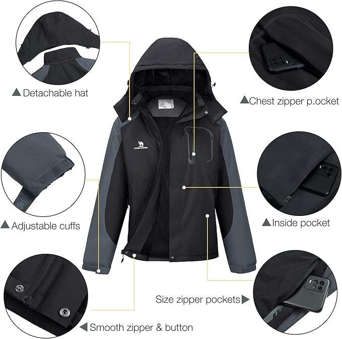 CAMELSPORTS Mens Winter Jacket Waterproof Warm Snow Ski Jackets Faux Fur Fleece Rain Coats with Removable Hood