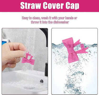 4Pcs Silicone Straw Toppers Covers for Stanley Cups 40/30oz 10mm(0.4in) Dust-Proof Bow Straw Covers Toppers Suitbale for Stanley Cup Accessories Reusable Straws Caps (Purple Rose Red)