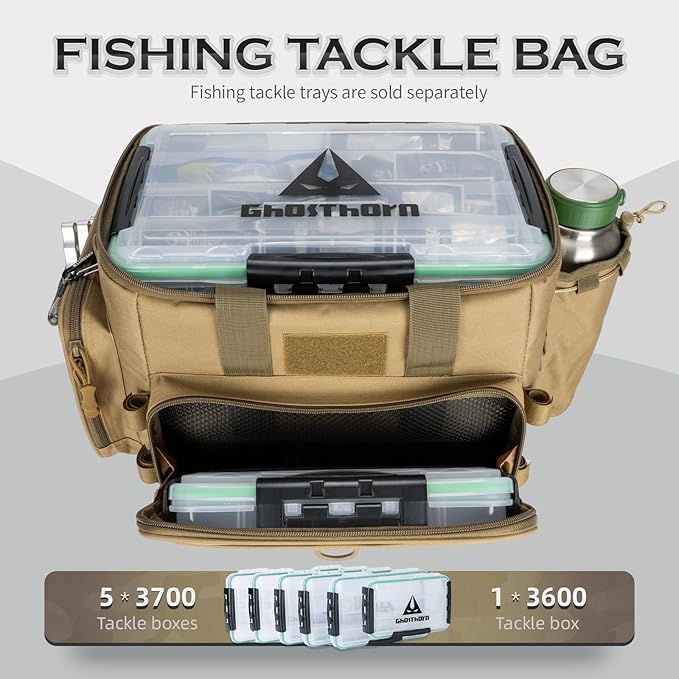 Ghosthorn Fishing Tackle Bag with Rod Holder Saltwater & Freshwater Resistant Large Tackle Box Bag - Adjustable Padded Shoulder Strap (Khaki)