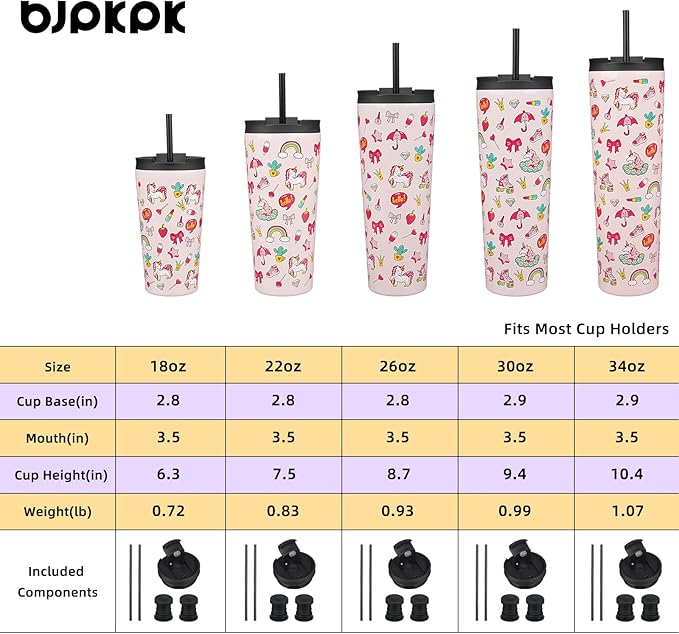 BJPKPK 22oz Insulated Tumbler With lid And Straw Stainless Steel Tumblers Travel Coffee Mug Reusable Thermal Cup,Unicorns