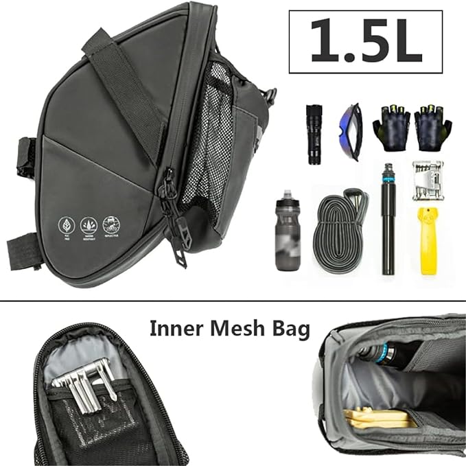 Bike Saddle Bags with Water Bottle Pouch Waterproof Bike Bags Under Seat Pack for Mountain Road Saddle Bag Bicycles Storage Bag 1.5L