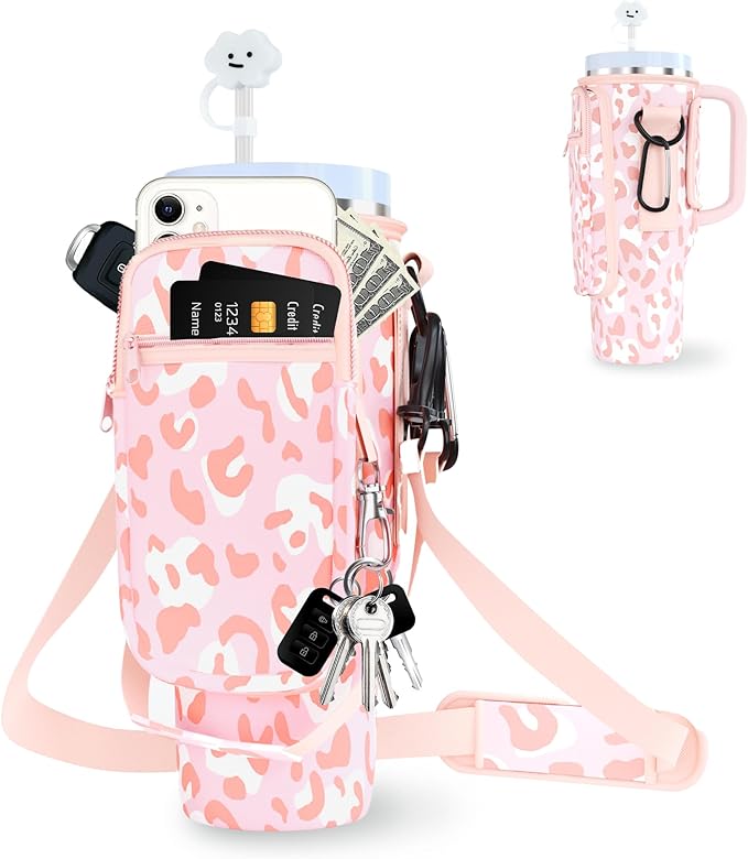 dabria Water Bottle Carrier Bag with Phone Pocket for Stanley 40/30 oz Tumbler Neoprene Water Bottle Holder Pouch with Adjustable Strap Bollus with Straw Cover & Carabiner for Stanley Cup Accessories