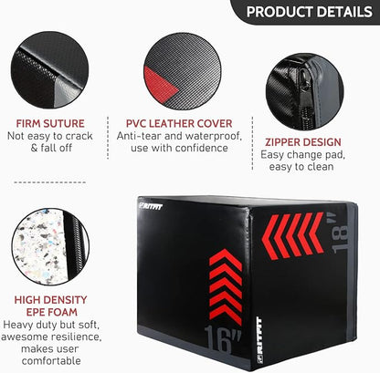 RitFit 3 in 1 Extra Firm Soft Plyo Box Foam Plyometric Box-30”x24”x20”-20"x18"x16" Heavy Duty High Density Foam Jumping Box 3 Sizes with PVC Cover,Platform for Home Gym Fitness, 440lb Weight Capacity