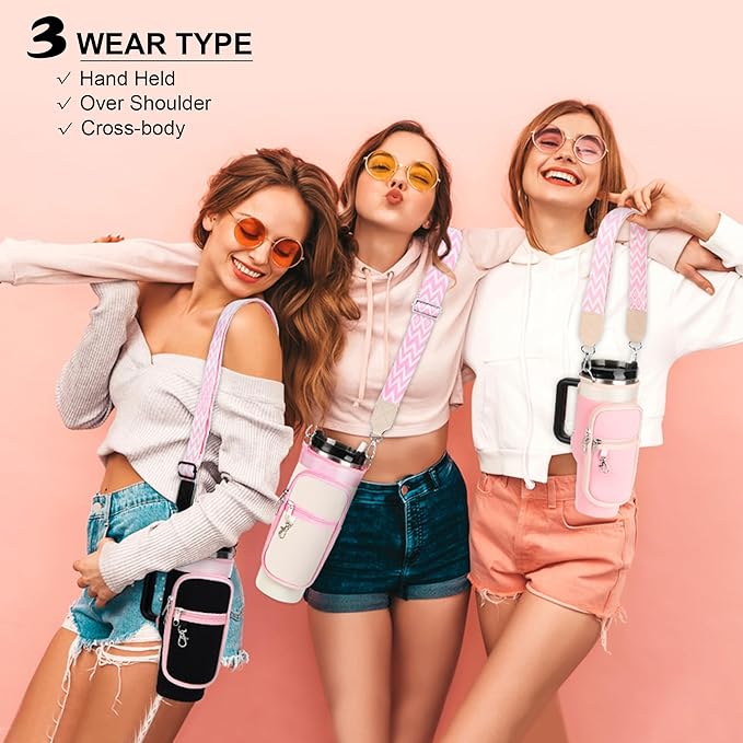 Water Bottle Carrier Bag with Strap for Stanley 40/30 oz Tumbler with Handle, Water Bottle Holder Pouch with Phone Pocket for Stanley Cup Accessories, fit Walking Hiking Travel