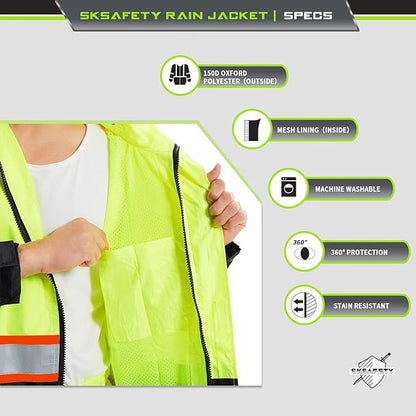 SKSAFETY Hi Vis Reflective Rain suits for Men Waterproof - High Vis Safety Rain Jacket, High Visibility Raincoat for Men