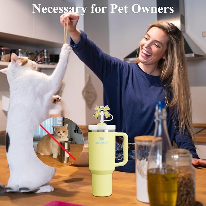 Epoxy Bow Straw Toppers for Stanley Cups -4PCs Cute Straw Cover Caps Silicone Stanley Cup Accessories Compatible with 12 20 30 40 Oz Tumblers in Pink Black White Yellow with Storage Case