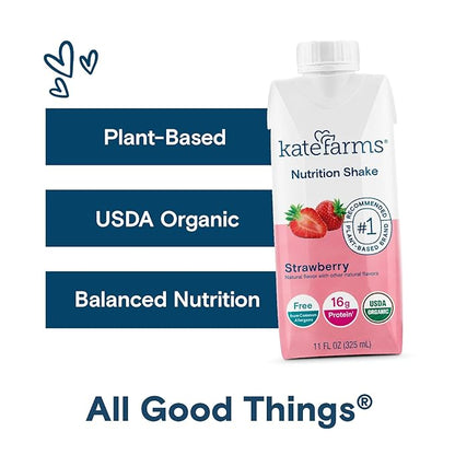 Kate Farms Organic Nutrition Shake, Strawberry, 16g Protein, 27 Vitamins and Minerals, Meal Replacement, 11 oz, 12 Pack