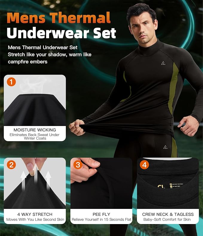 CL convallaria Mens Thermal Underwear Set with Fly Long Johns Base Layer Winter Hunting Gear Sport Top and Bottom