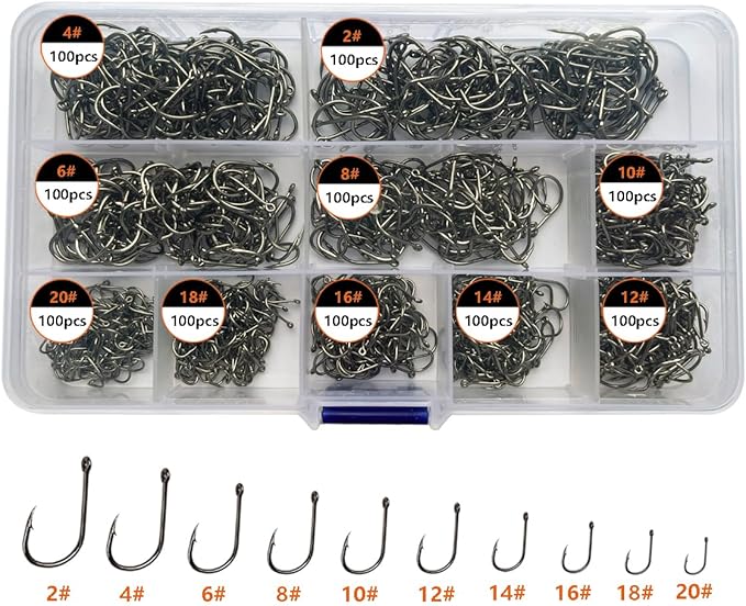 AMHDV 300Pcs/ 500Pcs/ 1000Pcs Small Fishing Hooks, 10 Different Sizes Tiny Fish Hook Set for Freshwater