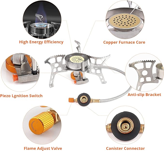 Camping Stove with Fuel Canister Adapter Portable Collapsible Gas Stove with Piezo Ignition-3900W-Lightweight-Windproof-Butane Adapter Camping and Backpacking Mini Stove Kit for Hiking