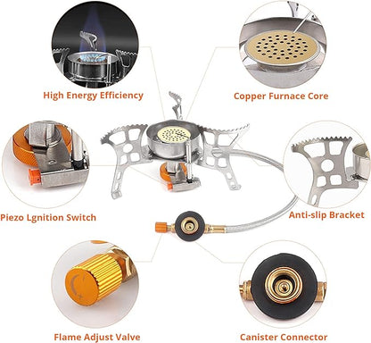 Camping Stove with Fuel Canister Adapter Portable Collapsible Gas Stove with Piezo Ignition-3900W-Lightweight-Windproof-Butane Adapter Camping and Backpacking Mini Stove Kit for Hiking