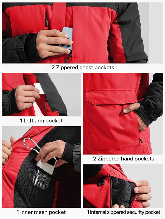 FREE SOLDIER Men's Waterproof Ski Jacket Fleece Lined Warm Winter Snow Coat with Hood Fully Taped Seams