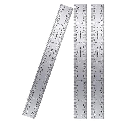 PEC Tools 6" Machinist Metal Ruler(3 Pack), 1/25" Thick X 3/4" Wide,Satin Chrome, High Carbon Steel Ruler Scale with Markings 1/32", 1/64", 1/10", 1/50" Made in USA