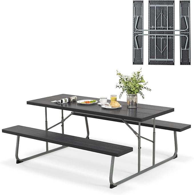 Tangkula 6 Ft Folding Picnic Table, Outdoor 8 Person Large Picnic Table Set with 2 Built-in Benches, Umbrella Hole, Metal Frame & HDPE Tabletop for Garden, Backyard (Black)