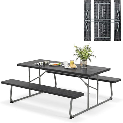 Tangkula 6 Ft Folding Picnic Table, Outdoor 8 Person Large Picnic Table Set with 2 Built-in Benches, Umbrella Hole, Metal Frame & HDPE Tabletop for Garden, Backyard (Black)