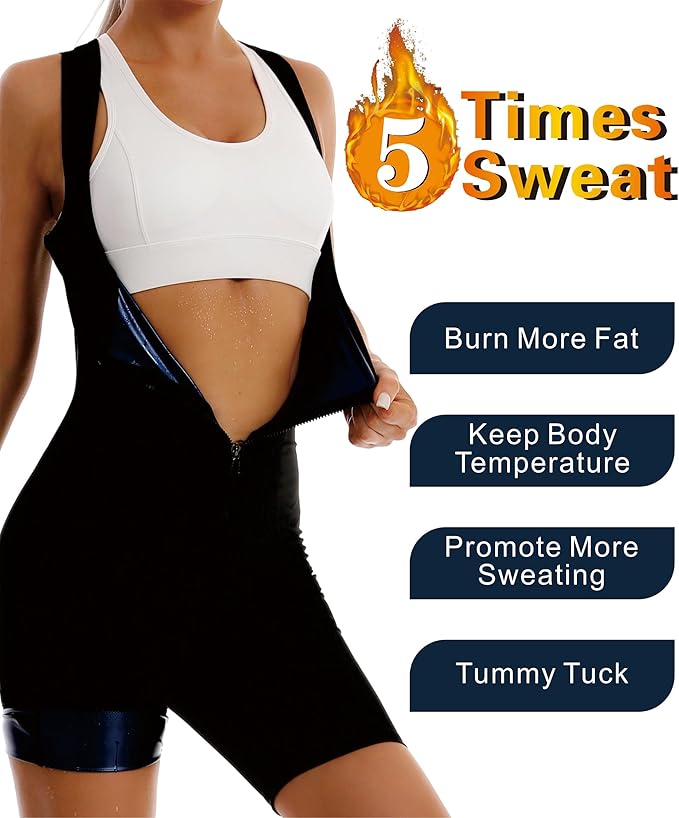 Sauna Suit Waist Trainer for Women, Full Body Waist Trimmer Vest Jumpsuit With Sleeve Shorts for Lower Belly Fat