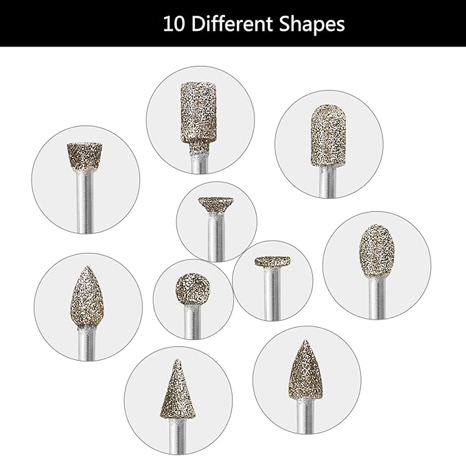 60 Grit 20Pcs Diamond Burr Set - GOXAWEE Rotary Grinding Burrs Engraving Bits Set with 1/8-inch Shank, Diamond-Coated Stone Carving Accessories Bit Universal Fitment for Rotary Tools