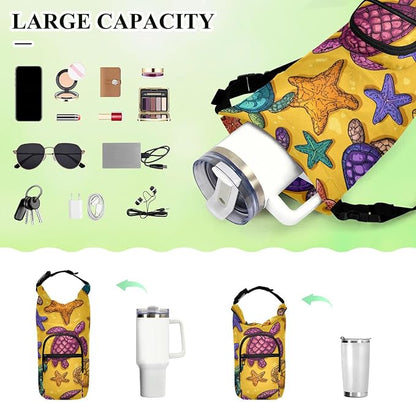 Colorful Turtles and Starfish Water Bottle Holder with Strap Insulated Water Bottle Carrier Crossbody Bags Pouch with Phone Pocket for Travel Gym Hiking Walking Running