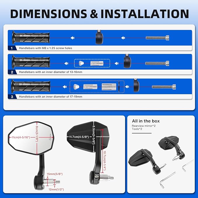 DREAMIZER Motorcycle Bar End Mirrors Black CNC Bar End Mirrors for Motorcycles Compatible with Honda Kawasaki Suzuki Scooter and More (White Glass Lens)