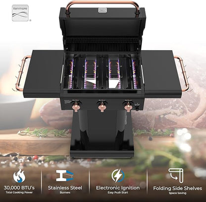 Kenmore 3-Burner Gas Grill | Foldable Side Tables, Cast Iron Cooking Grates, Warming Rack, Hooks for BBQ Grilling Tools, Propane Gas Barbecue Grill, 30,000 BTUs, Black with Copper Accent
