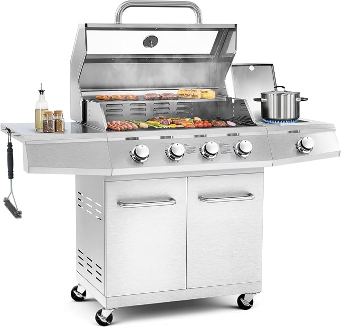 5-Burner Propane Gas Grill with Side Burner, 50,000 BTU, Stainless Steel 4+1 BBQ Grill, Porcelain-Enameled Cast Iron Grates,Locking Casters, Outdoor Grill for Patio & Backyard