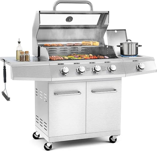 5-Burner Propane Gas Grill with Side Burner, 50,000 BTU, Stainless Steel 4+1 BBQ Grill, Porcelain-Enameled Cast Iron Grates,Locking Casters, Outdoor Grill for Patio & Backyard