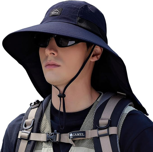 Rosoz Outdoor Sun Hat for Men Women, UPF50+ Protection Safari Cap Wide Brim Mesh Fishing Hat with Neck Flap Beach Garden