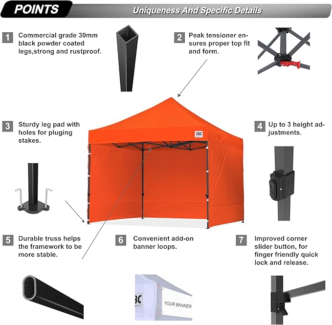 ABCCANOPY Heavy Duty Easy Pop up Canopy Tent with Sidewalls 10x10, Orange