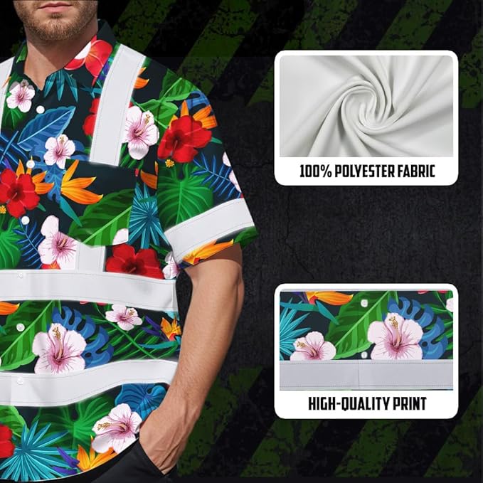 High Visibility Hawaiian Shirt for Men Tropical Shirts Custom Name Floral Outfit Reflective Safety Workwear