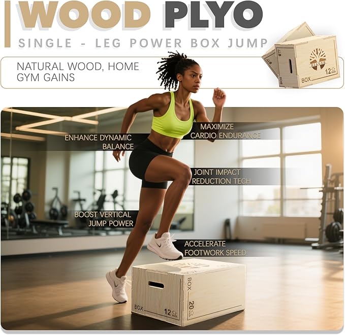 Plyo Box - 3-in-1 Wood Plyometric Jump Platform (16"x12"x8") for Home Gym Training - Ideal for Jumps, Squats & Conditioning-1 Piece