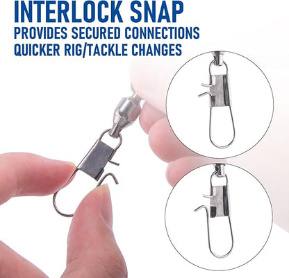 Dr.Fish 30 Pack Ball Bearing Snap Swivels, Swivels Fishing Tackle with Safety Interlock Snap Saltwater Freshwater Stainless Fishing Clips Clasp Leader Line Hook Sinker Connector